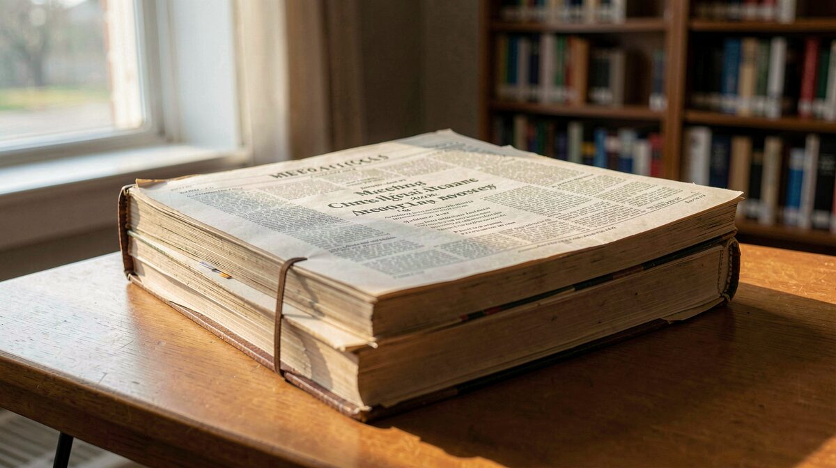 A stack of bound local newspaper volumes open on a library table, one page showing a dated meeting notice, afternoon light from a side window across the paper.